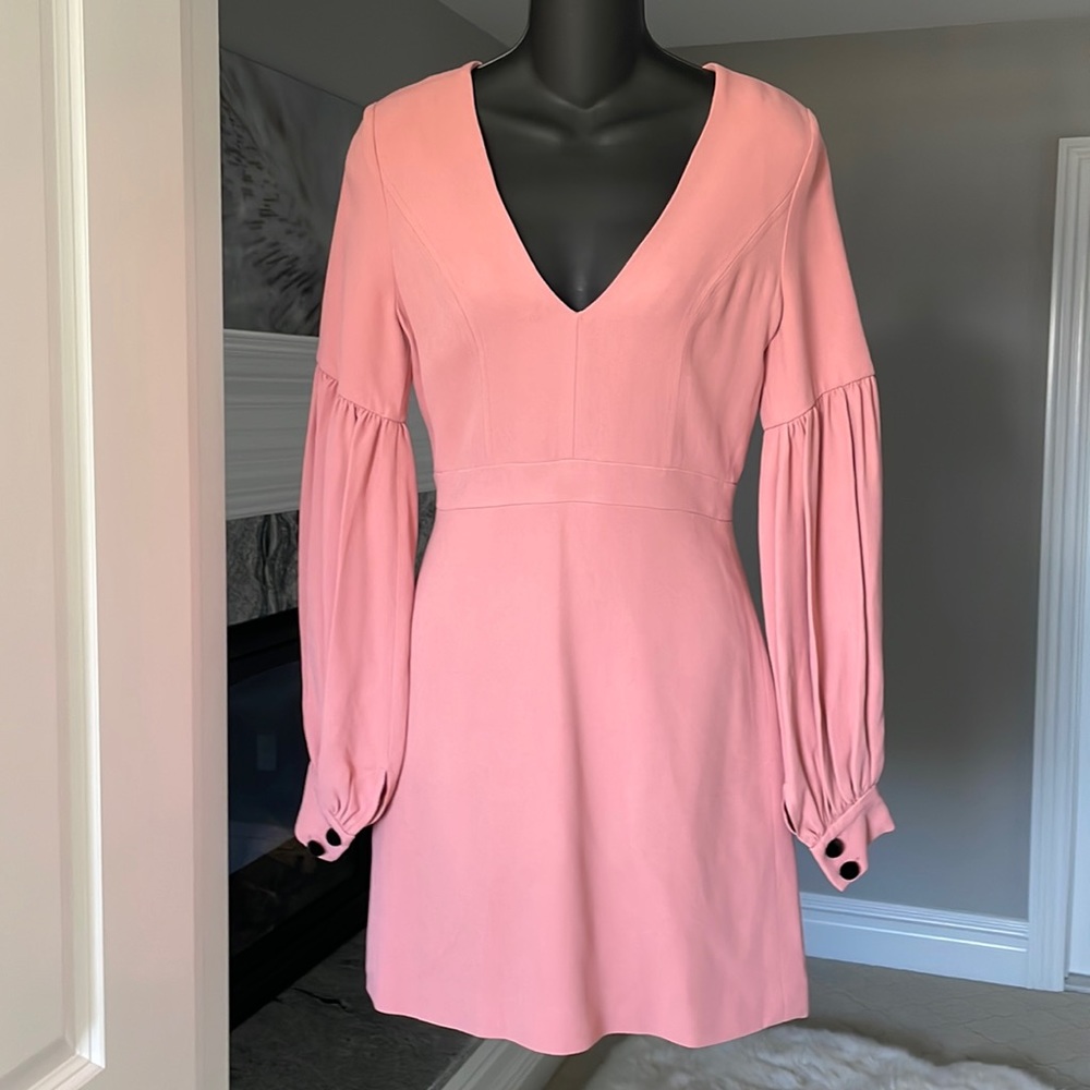 Alexis bell sleeve deep V neck fitted mini dress. S